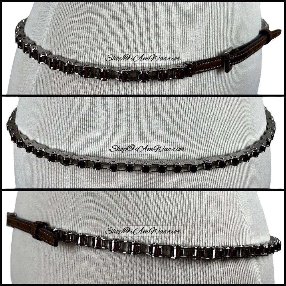 Authentic Burberry malt brown leather silver tone bicycle chain belt *iamwarrior